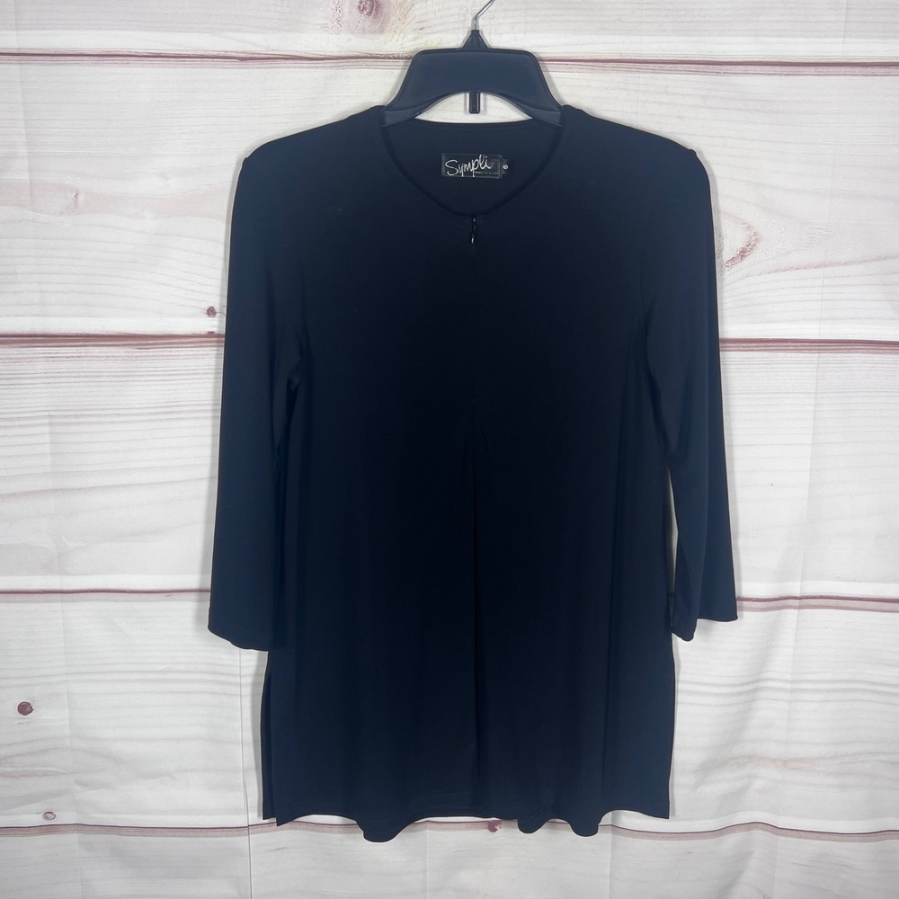 Sympli Tunic Blouse Womens 6 Black 3/4 Sleeve Side Slit 1/4 Zip Stretch Top Knit